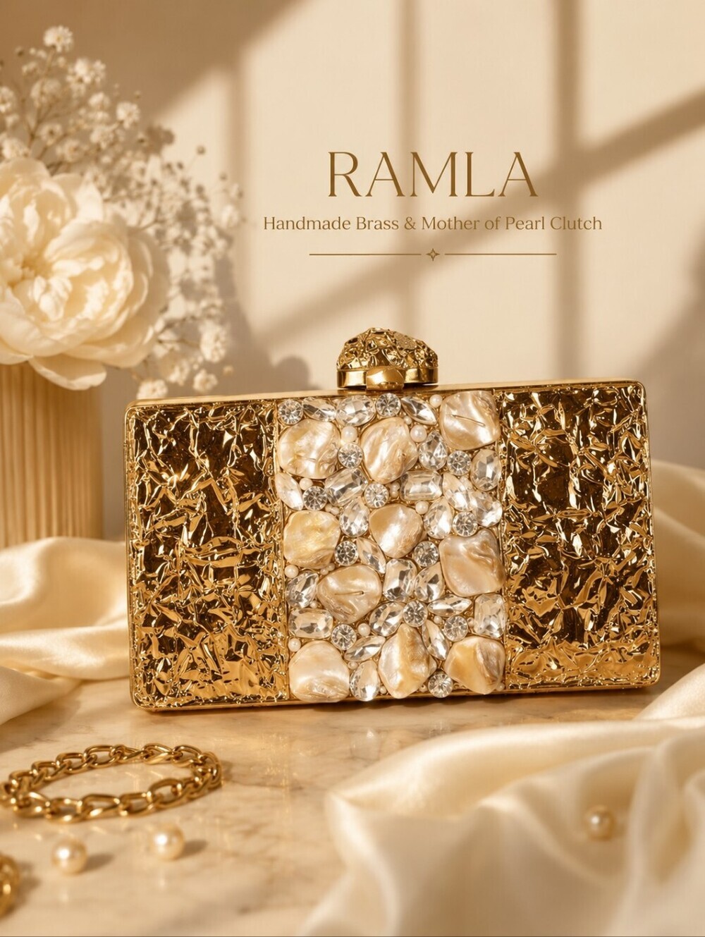 NWT RAMLA Arya Handmade Brass and Mother of Pearl Clutch